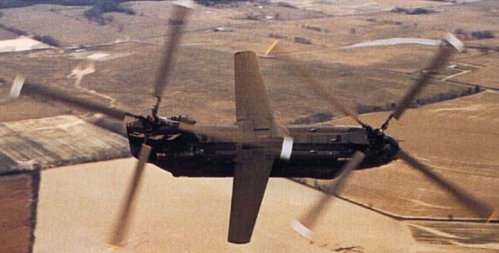 Chinook 65-07992 after modification as the Boeing 347 test aircraft.  This photograph shows the 90 degree phase separation of the rotor blades.