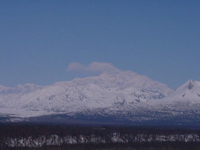 Photograph of Denali, taken from CH-47D 89-00167, piloted by CW4 Mark S. Morgan and CW4 Jeff Wagner, April 2002.