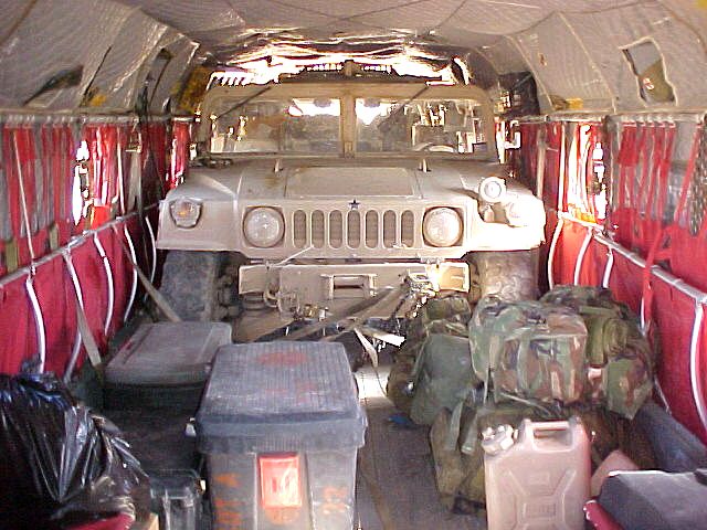 An M-998  (HUMMV), utilized extensively by the U.S. Army, fits just fine in the main cabin with plenty of room to spare.