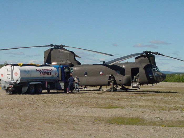 Chinook 89-00174 getting fuel at Bettles Airport on the way to the field site.