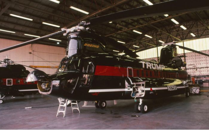 Nested inside the hangar at the Linden, New Jersey airport, this Trump Air Chinook is well cared for.