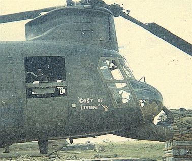 The nose art of Boeing ACH-47A helicopter 64-13145, "Co$t of Living".