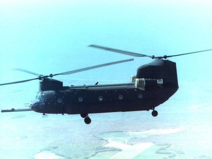 Boeing CH-47D helicopter with the Engine Air Particle Separater (EAPS) system installed.