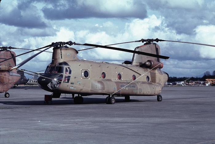 May 1982: CH-47A Chinook helicopter 64-13159 rests on the tarmac at Paine Field (KPAE), Everett, Washington. At the time, 64-13159 was property of the 92nd Aviation Company - "Hook-ers", United States Army Reserve (USAR).