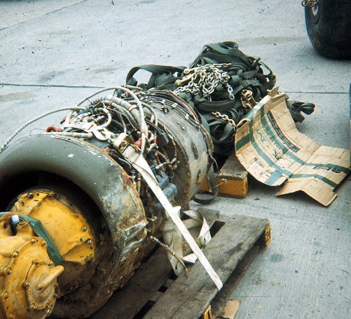 An engine from CH-47C Chinook helicopter 67-18512 after it was moved from the crash site in Peru.