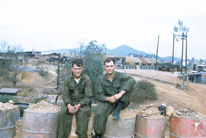 SP4 Joyce (left) and SP5 Dale Jett, part of the recovery team, patiently await their return flight to Phu Hiep after the successful airlift operation of 67-18518. SP5 Jett (age 19) was the night flight line maintenance team chief with the 180th ASHC from April 1969 to April 1970.  He contributed all the above images and information for inclusion on this site.