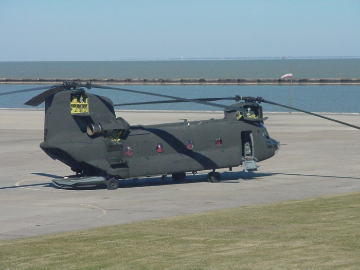 CH-47D Chinook helicopter 86-01640 on the sea wall at Corpus Christi Army Deport, Corpus Christi, Texas, circa November 1999.