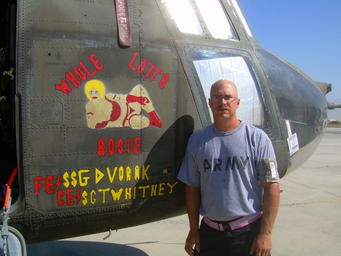 The nose art of 86-01644 with SSG Jeff Dvorak standing by the aircraft.