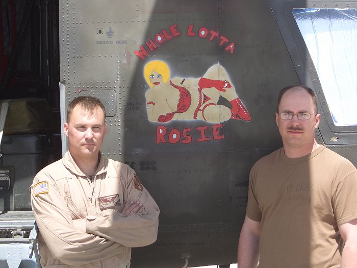 The first rendition of the nose art displayed on 86-01644 with SGT Giles Allen (left), Crew Chief, and SSG Jeff Dvorak standing by the aircraft, circa 2007