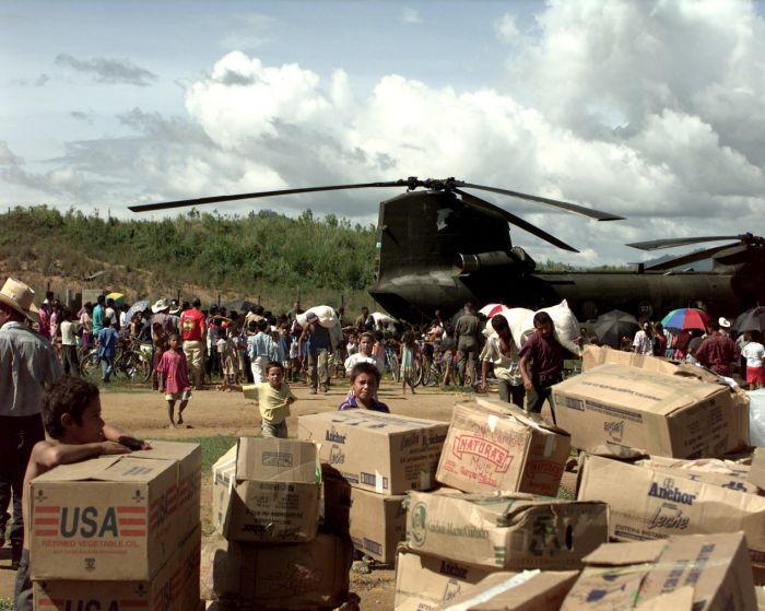 CH-47D Chinook 87-00071 in Honduras providing disaster relief after Hurricane Mitch pays a visit.