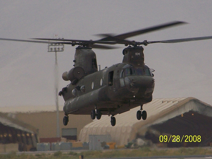 CH-47D Chinook helicopter 88-00104, owned and operated by the Company B, 1st Battalion, 126th Aviation, California Army National Guard, home based in Stockton, California while on deployment to Bagram Airbase, Afghanistan during Operation Enduring Freedom (OEF IX) in 2008.
