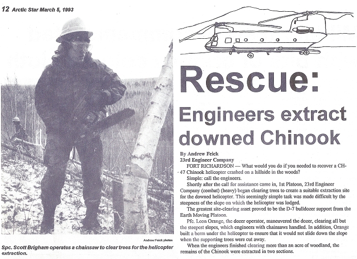 A newspaper article discusing the recovery of CH-47D Chinook helicopter 89-00173.