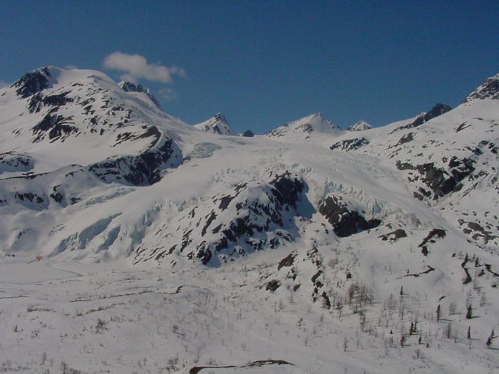 Worthington glacier, the arrow shows the base of the glacier that the foot path leads up to should visitors decide to drive out and see the glacier up close.
