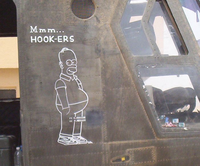 A photograph of the nose art on 90-00186, a.k.a. "Homer Simpson" - 30 May 2003, taken in Balad, Iraq.