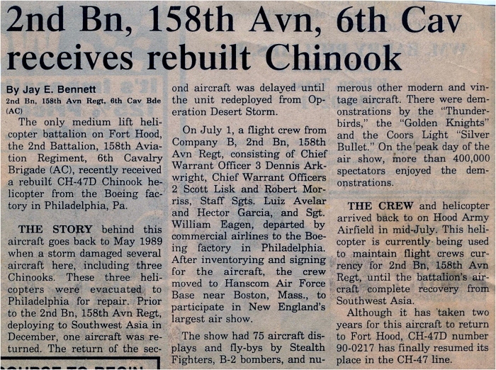 An article from the Killeen Daily Herald Newspaper discussing the return of 90-00217 to Fort Hood, Texas, after repair from the damage caused by high winds.