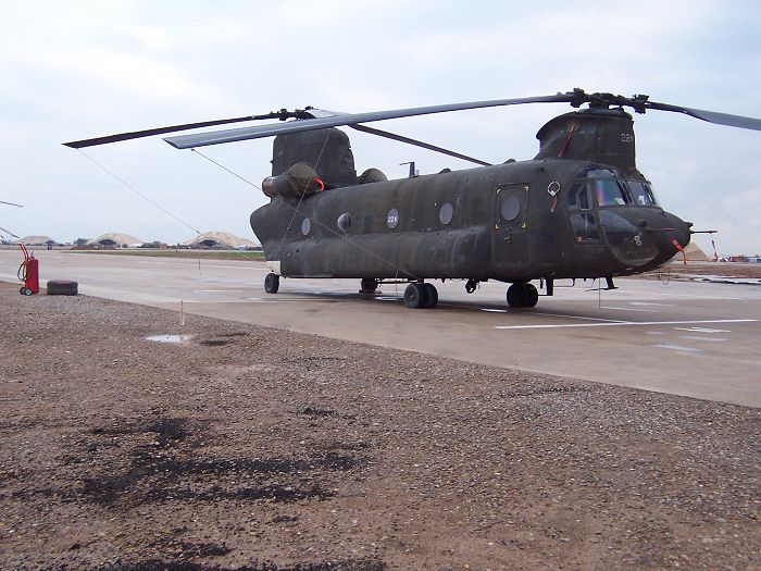 90-00224 - parked at Balad, Iraq - showing the aft landing gear repairs that were made utilizing parts from 90-00212 and a wrecked Iranian Chinook.