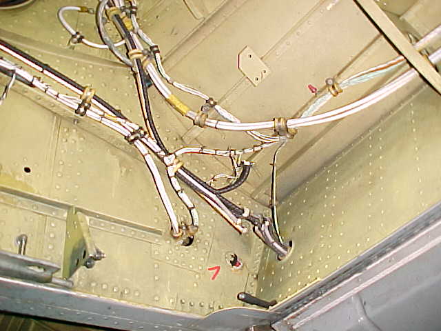 Severed wiring bundle just forward of Auxiliary Power Unit (APU) left side, interior.