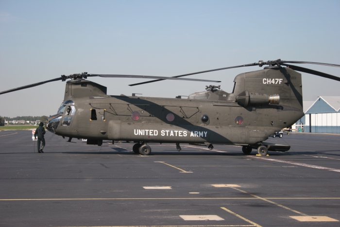 11 October 2006: CH-47F (minus) Chinook helicopter 03-08003 on the ramp at Summit Aviation Airport (KEVY). Summit Aviation is located near Middletown, Delaware and was the first site used in the initial train-up of S3 Incorporated aviators in 2006 who would go on to become the premiere New Equipment Training Team (NETT) for the H-47 F model fielding.