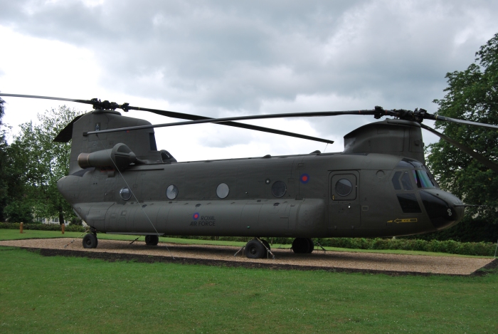 6 April 2012: In a photograph provided by Bill McNally CH-47F (minus) Chinook helicopter 03-08003 is seen in Royal Air Force livery standing guard at the gate of RAF Odiham, England, on permanent static display.