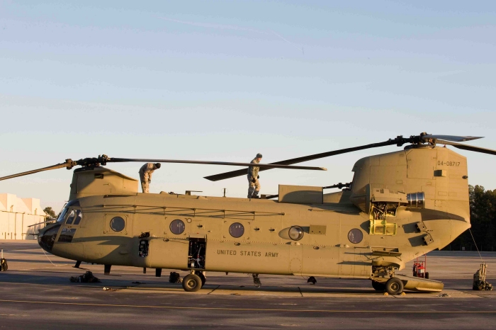 24 February 2009: CH-47F Chinook helicopter 04-08717 undergoing preflight at Simmons Army Airfield (KFBG), Fort Bragg, North Carolina.