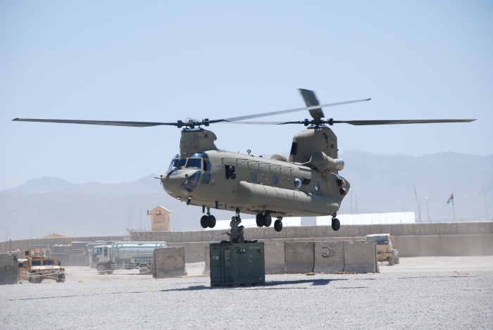 May 2009: CH-47F Chinook helicopter 06-08719 transporting cargo in Afghanistan.