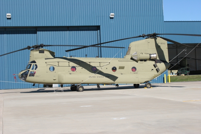 8 October 2010: CH-47F Chinook helicopter 07-08743 rests on the ramp and awaits some final maintenance and MWO installations at Millville Airport (KMIV), New Jersey, prior to delivery to the gaining unit.