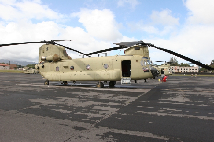 8 December 2011: CH-47F Chinook helicopter 07-08743 rests on the Army National Guard ramp at Wheeler Army Airfield (PHHI), on the Island of Oahu, in the State of Hawaii. 07-08743 was assigned to Company B - "Voyagers", 171st Aviation, in September 2011.