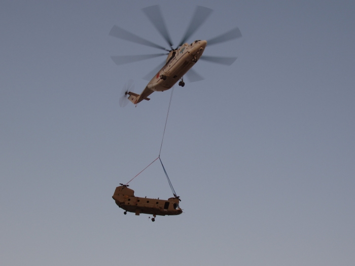 An airlift of 08-08042 by an MI-26 "Halo" helicopter gets the stricken aircraft back to Kandahar Airfield, Afghanistan.