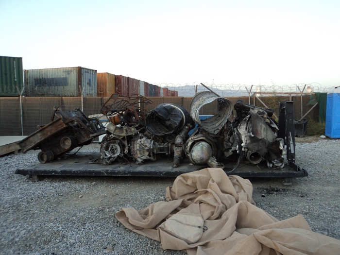 The remains of CH-47F Chinook helicopter 08-08044 after it was removed from the crash site to Forward Operating Base (FOB) Fenty in August 2011.