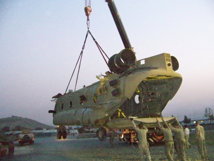27 July 2010: The remains of 08-08048 undergoing preparations for movement by the Downed Aircraft Recovery Team (DART).