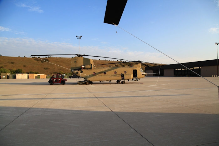 27 September 2012: CH-47F Chinook helicopter 10-08803 arrives at Marshall Army Airfield after a very long mission day.