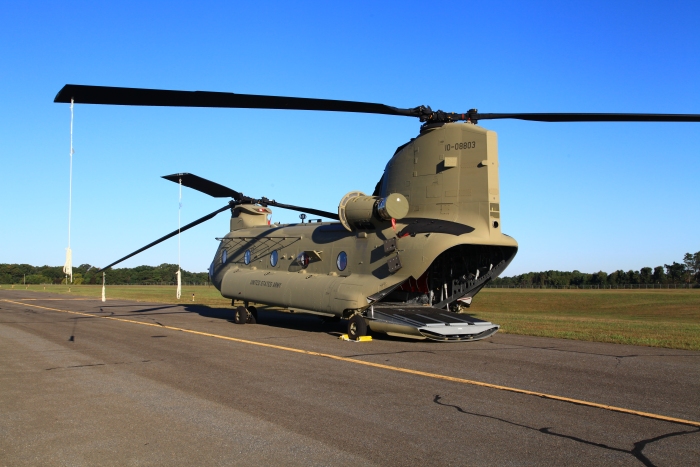 25 September 2012: CH-47F Chinook helicopter 10-08803 rests on the ramp at Millville Municipal Airport (KMIV), New Jersey, ready for the aircraft delivery ferry flight to Marshall Airfield (KFRI), Fort Riley, Kansas.