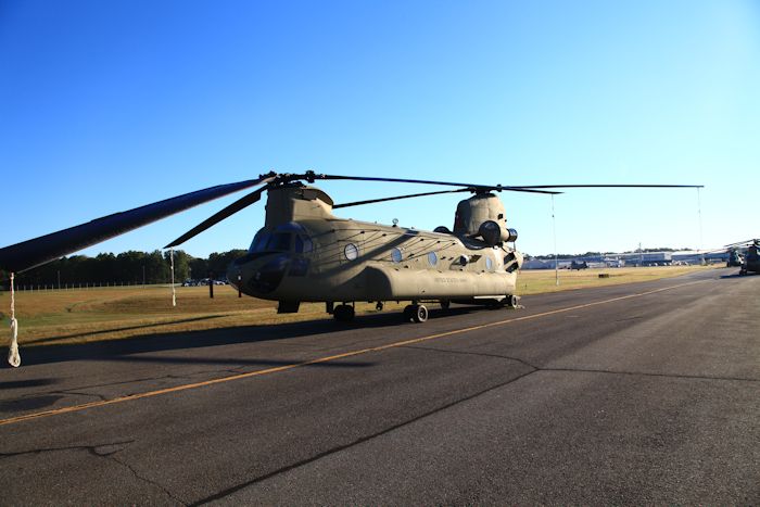 25 September 2012: CH-47F Chinook helicopter 10-08803 rests on the ramp at Millville Municipal Airport (KMIV), New Jersey, ready for the aircraft delivery ferry flight to Marshall Airfield (KFRI), Fort Riley, Kansas.