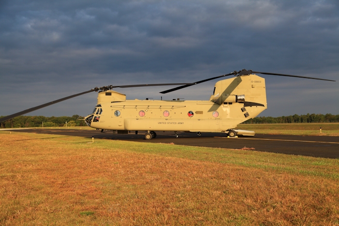 26 September 2012: CH-47F Chinook helicopter 10-08803 rests on the ramp at Millville Municipal Airport (KMIV), New Jersey, just prior to departure for the aircraft delivery ferry flight to Marshall Airfield (KFRI), Fort Riley, Kansas.