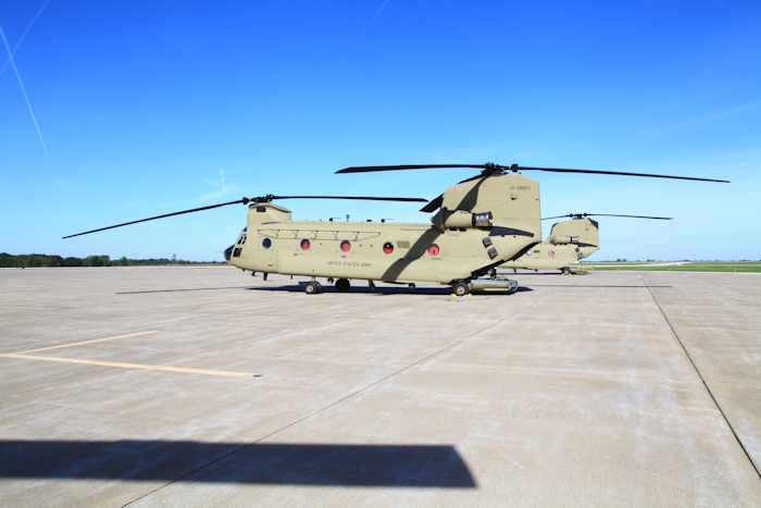 20 September 2012: CH-47F Chinook helicopter 10-08807 on the ramp at Quincy Regional Airport (KUIN), Illinois.
