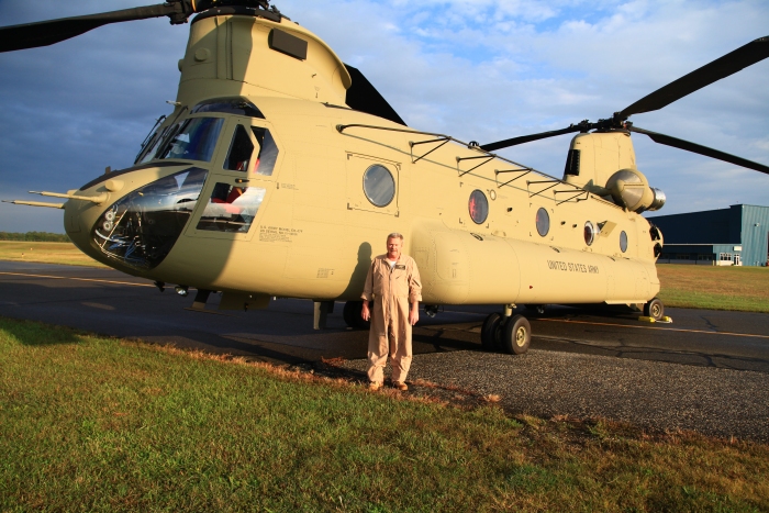 26 September 2012:  CH-47F Pilot Mark Morgan poses for a photograph just before the Sortie Two ferry flight departs Millville Municipal Airport, New Jersey, enroute to Fort Riley.