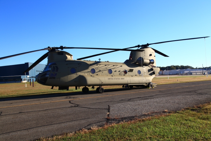 25 September 2012: CH-47F Chinook helicopter 10-08808 rests on the ramp at Millville Municipal Airport (KMIV), New Jersey, ready for the aircraft delivery ferry flight to Marshall Airfield (KFRI), Fort Riley, Kansas.