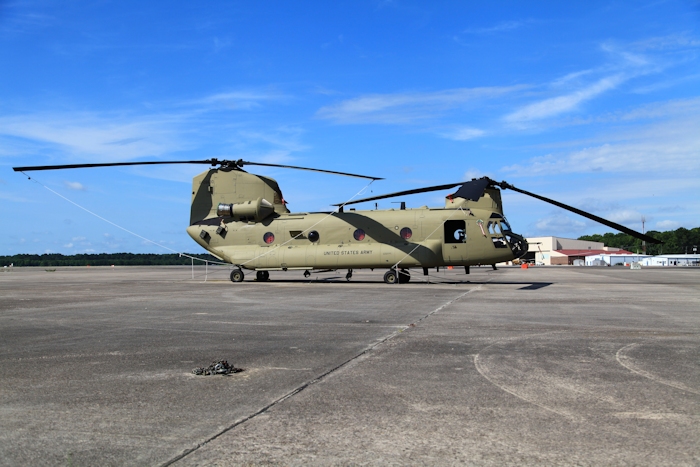 11 July 2013: CH-47F Chinook helicopter 11-08830 rests on the ramp at Hunter Army Airfield, Fort Stewart, Georgia.