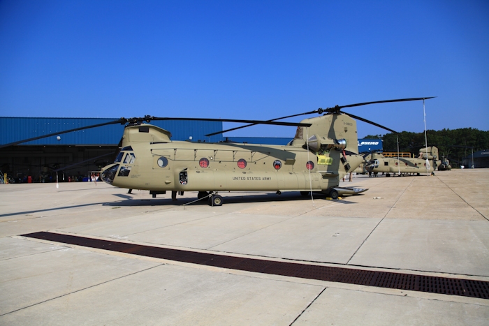 11 September 2013: CH-47F Chinook helicopter 11-08833 rests on the ramp at the Boeing Millville facility, Millville Municipal Airport (KMIV), New Jersey, awaiting movement to the Port of Baltimore for ship transport to the Republic of Korea.