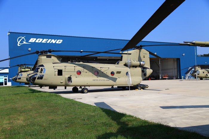 11 September 2013: CH-47F Chinook helicopter 11-08834 rests on the ramp at the Boeing Millville facility, Millville Municipal Airport (KMIV), New Jersey, awaiting movement to the Port of Baltimore for ship transport to the Republic of Korea.