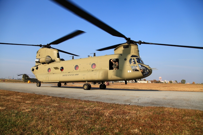 5 November 2013: CH-47F Chinook helicopter 11-08837, crewed by Tim McCall, Z Szumigala and Mario Sarrio, arrives at Desiderio Army Airfield (RKSG or A-511), Camp Humphreys, Republic of Korea.