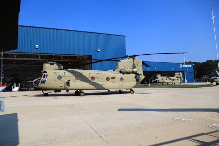 11 September 2013: CH-47F Chinook helicopter 11-08837 rests on the ramp at the Boeing Millville facility, Millville Municipal Airport (KMIV), New Jersey, awaiting movement to the Port of Baltimore for ship transport to the Republic of Korea.