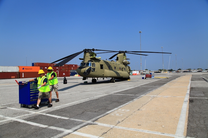11 September 2013: CH-47F Chinook helicopter 11-08838 sits on the dock at the Port of Baltimore awaiting rotor blade removal and preparation for ship transport to the Republic of Korea.