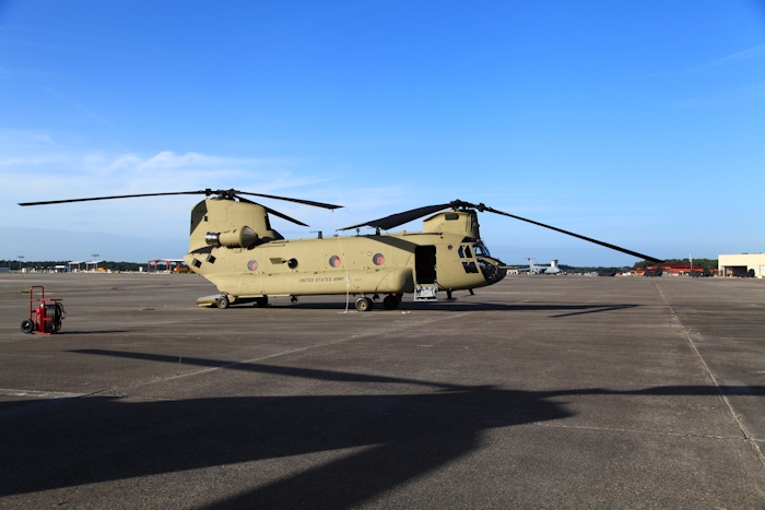 26 August 2013: CH-47F Chinook helicopter 11-08843 rests on the ramp at Hunter Army Airfield awaiting movement to Colorado to support the train up and qualification of aircrews from the Colorado Army National Guard.