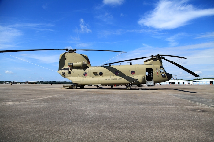 11 July 2013: CH-47F Chinook helicopter 12-08100 rests on the ramp at Hunter Army Airfield, Fort Stewart, Georgia.