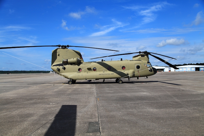 11 July 2013: CH-47F Chinook helicopter 12-08102 rests on the ramp at Hunter Army Airfield, Fort Stewart, Georgia.