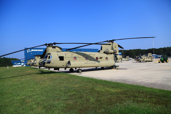 11 September 2013: CH-47F Chinook helicopter 12-08104 rests on the ramp at the Boeing Millville facility, Millville Municipal Airport (KMIV), New Jersey, awaiting movement to the Port of Baltimore for ship transport to the Republic of Korea.