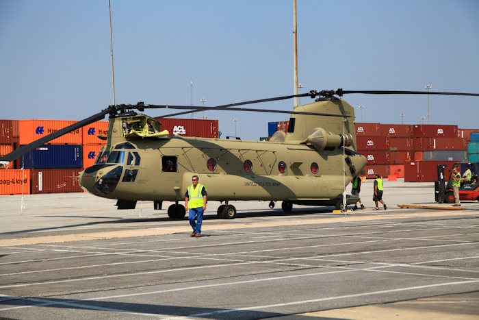 11 September 2013: CH-47F Chinook helicopter 12-08104 rests on the dock at the Port of Baltimore awaiting ship transport to the Republic of Korea.