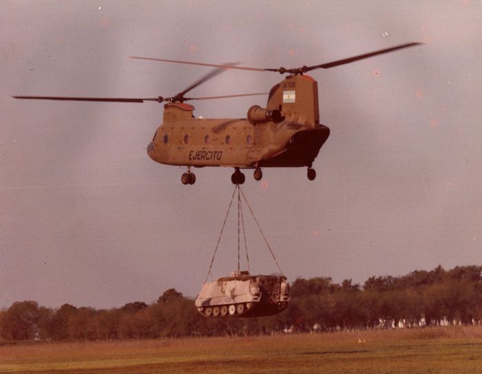 AE-520 conducting a training flight and lifting a M-113 weighing 9500 Kg, May 1981.