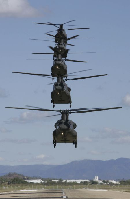 Five Chinooks land and return to the C Squadron lines at 5th Aviation Regiment after a sortie in Townsville.